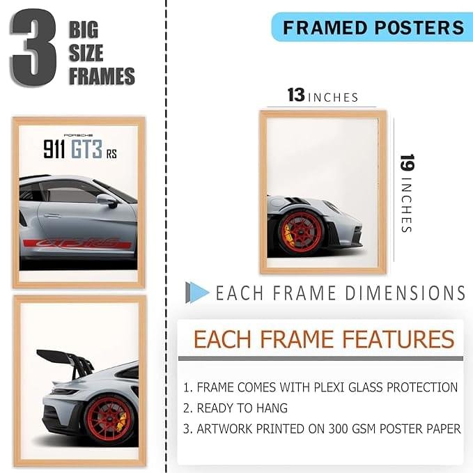 Porsche Framed Wall Art Set of 3 – Luxury Room Decor for Car Lovers - Image 3