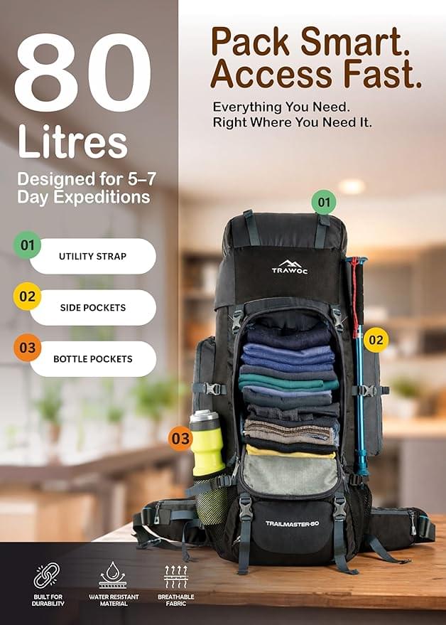 TRAWOC Expedition 80L Travel Backpack with Rain Cover | Trekking, Hiking & Camping Rucksack - Image 3